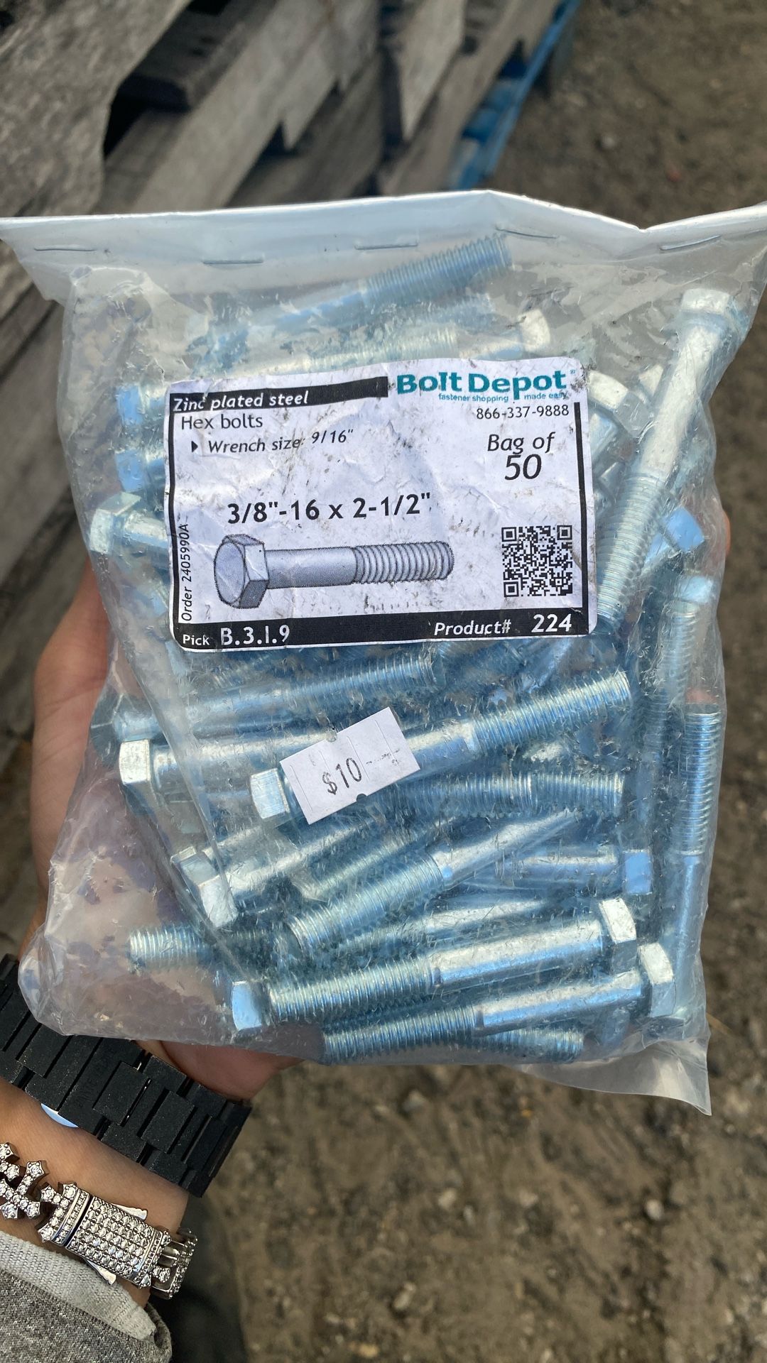 100 Bag Hex bolts, Zinc plated steel, 3/8"-16 x 2-1/2"