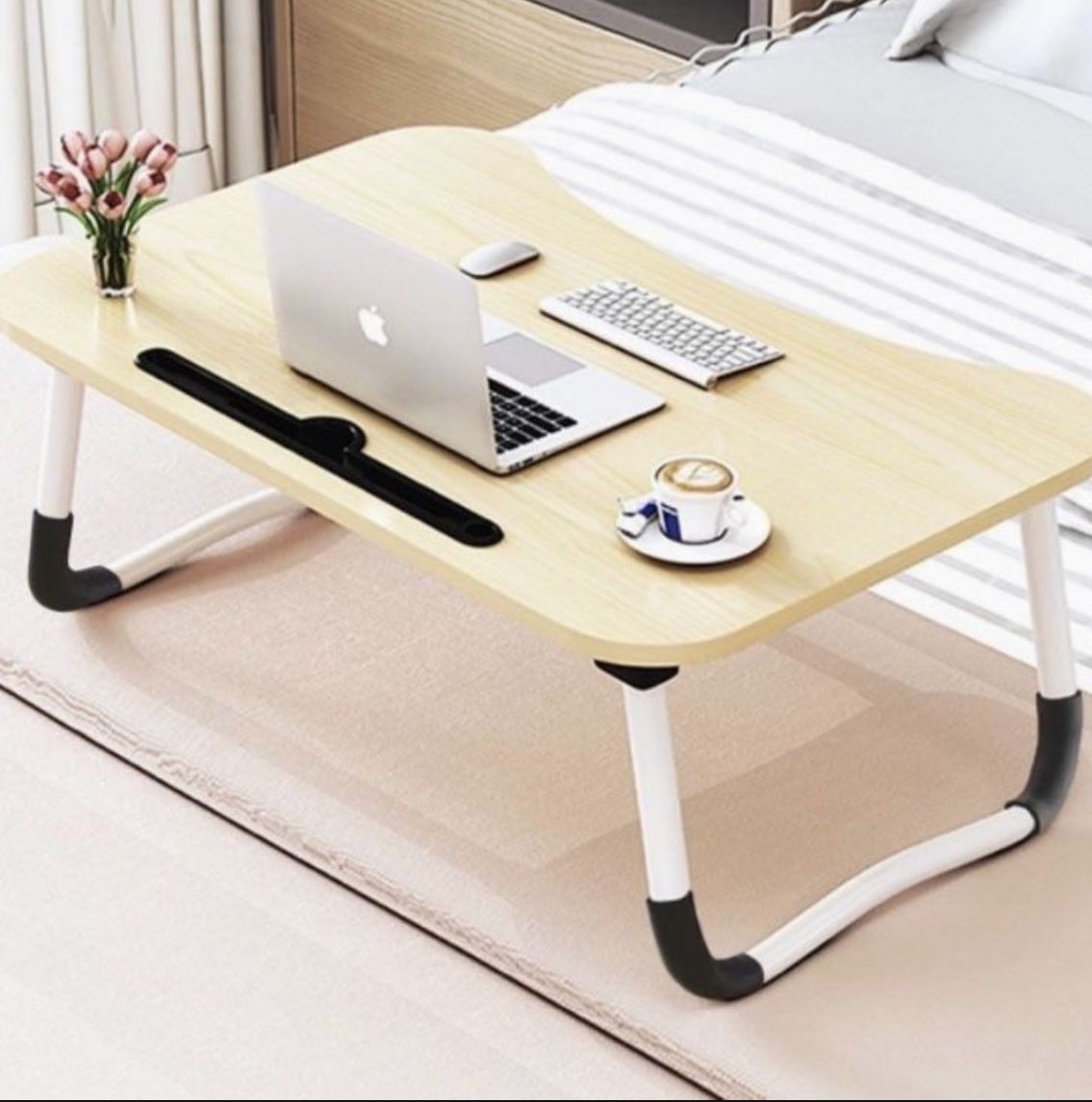 Laptop Bed Table, Breakfast Tray with Foldable Legs, Portable Lap Standing Desk, Notebook Stand Reading Holder for Couch Sofa Floor White