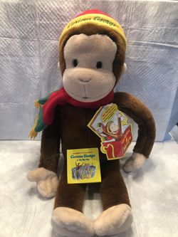 Macys Plush Curious George Monkey Animal Red Yellow Hat Scarf with Mini Book 24"