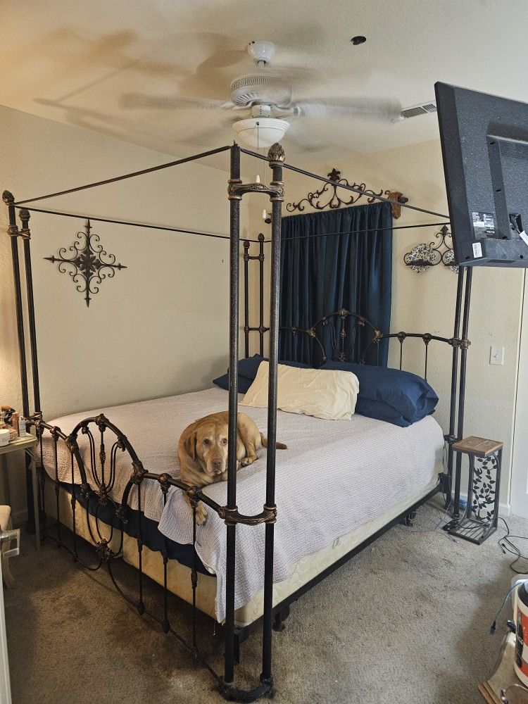 California King Brass Bed With Canopy,  And Tempurpedic Mattress 