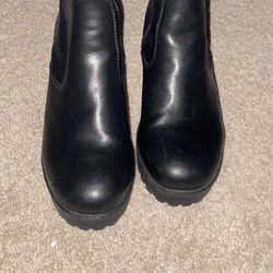 Black Faux Leather Ankle Zip Block Heel Round Toe Women's Bootie