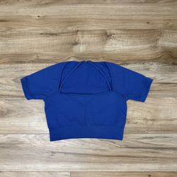 Royal Blue Ribbed Women's Active Cropped Top Gym Workout Short Sleeve & Straps