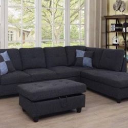 New Black Grey linen Sectional Sofa W/ Free Ottoman And Pillows  New In Original Boxes