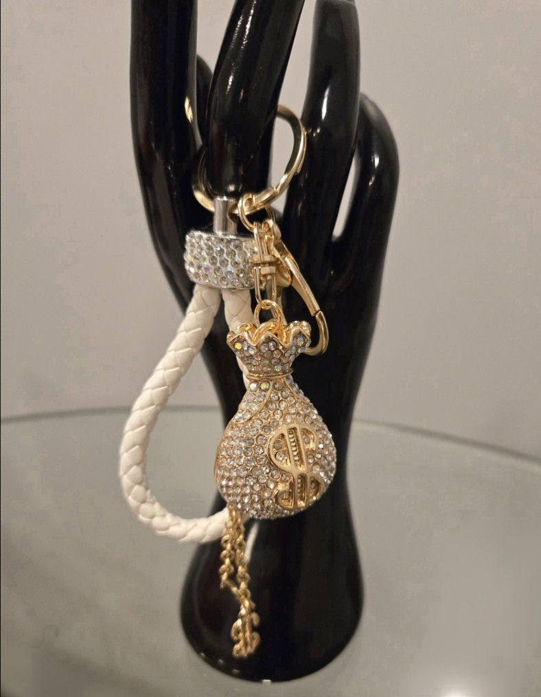 Gold MONEY BAG Keychain Embellished with Rhinestones & Wrist Strap