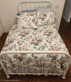Full Size White Metal Bed Frame and Mattress and Toppers