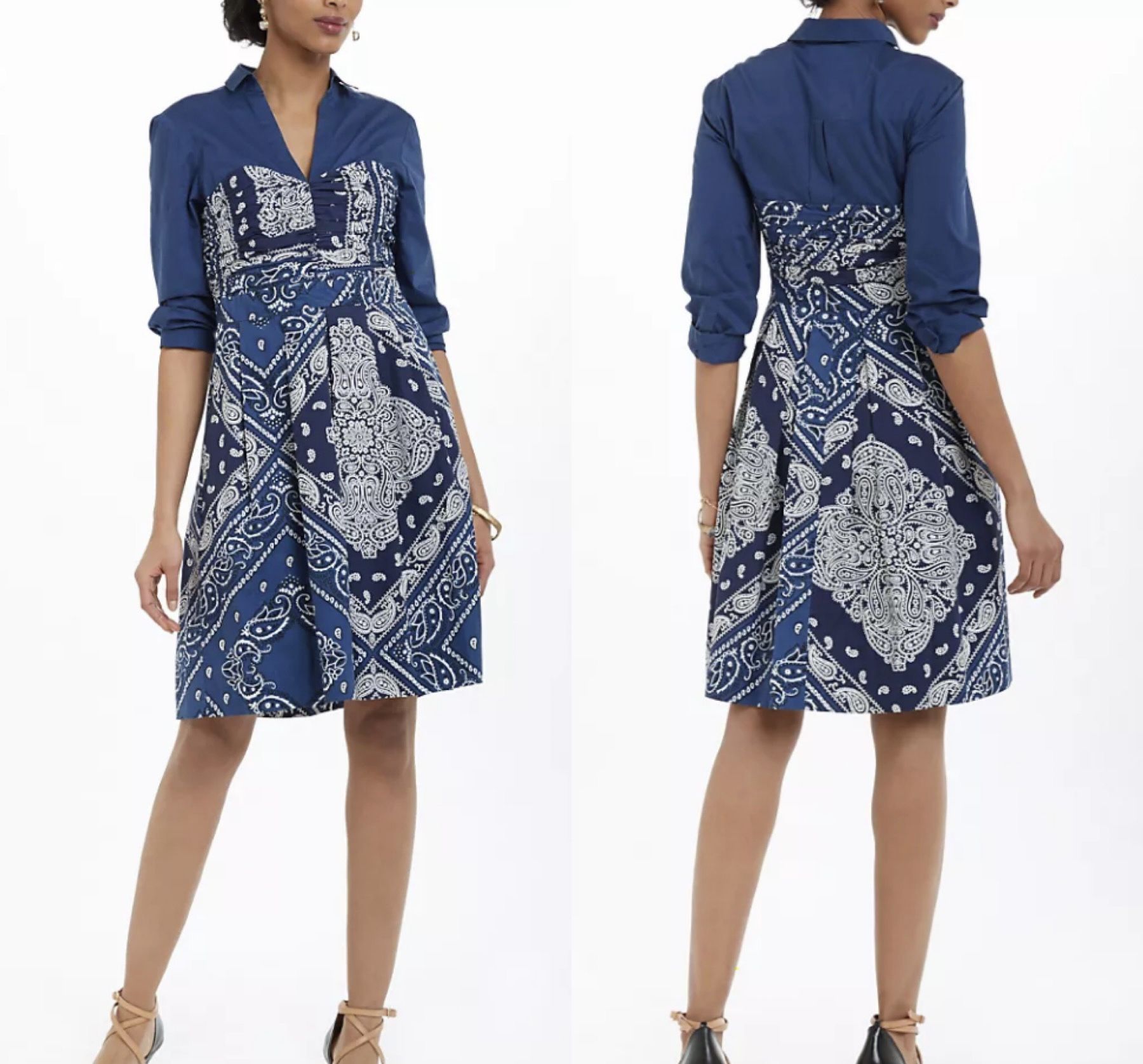 NWT $148 Anthropologie Holding Horses Blue Bandana Flared Shirt Dress 0