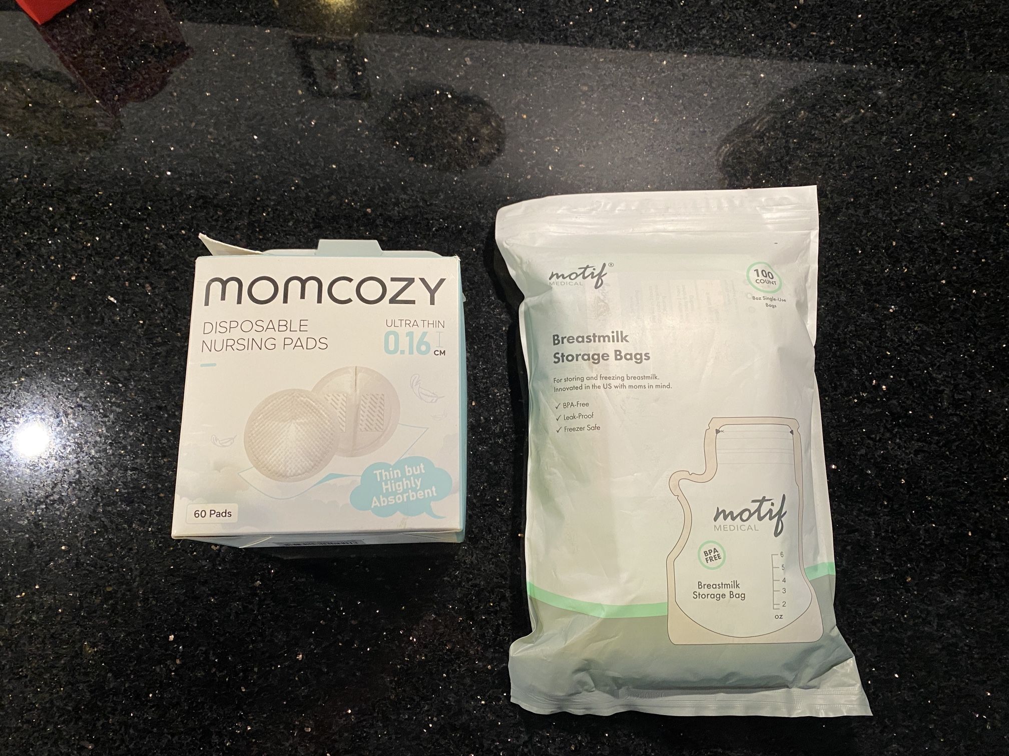 60-Count Momcozy Ultra-Thin Disposable Nursing Pads & 100-Count Motif Breast Milk Storage & Freezer Bags 8oz