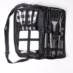Picnic Lunch Box Insulated Cooler Shoulder Strap Bag w/ Kitchen Tools Black  
