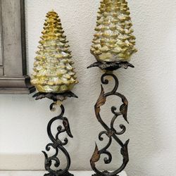 Set Of 2 Metal Candle Holders Ornate Bronze Gold 16” 11” Christmas Tree