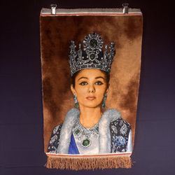 Persian Queen of Iran Rug Hand Knotted 50 Raj Tabriz Pictorial Empress Farah Pahlavi 23in x 16in or 58cm x 40cm Silk Foundation w/Rug Hangers