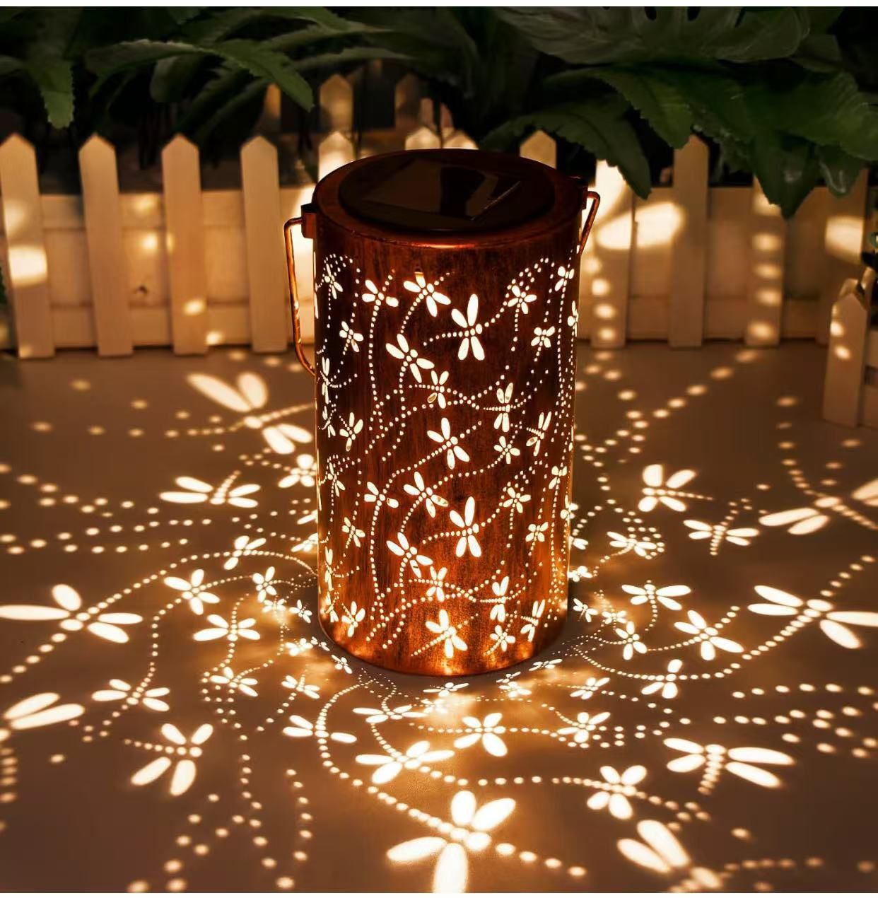 New Solar Lanterns Outdoor Hanging Lantern Lights, Dragonfly Hollowed-Out Metal Decor Lantern