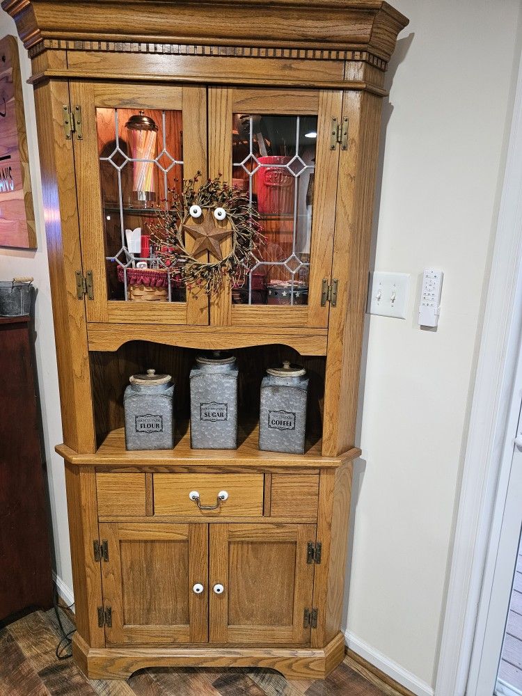 Solid Oak Corner Cabinet with Light