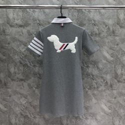 College Style Dress Four-Bar Puppy Embroidery Short Sleeve Dress