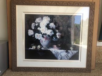 Large Framed Floral Still Life Print 33.5" x 30" Ornate Frame