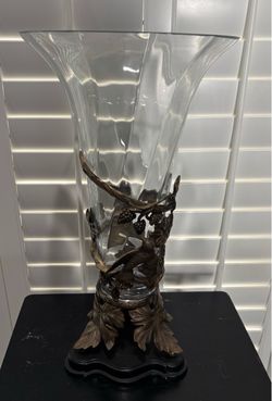 GUC Vintage 22” High Decorative Glass Flared Vase Set on Ornate Bronze-Toned Metal Base - $80