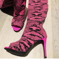Snek Printed Long Stretchable Hot Pink Boot 