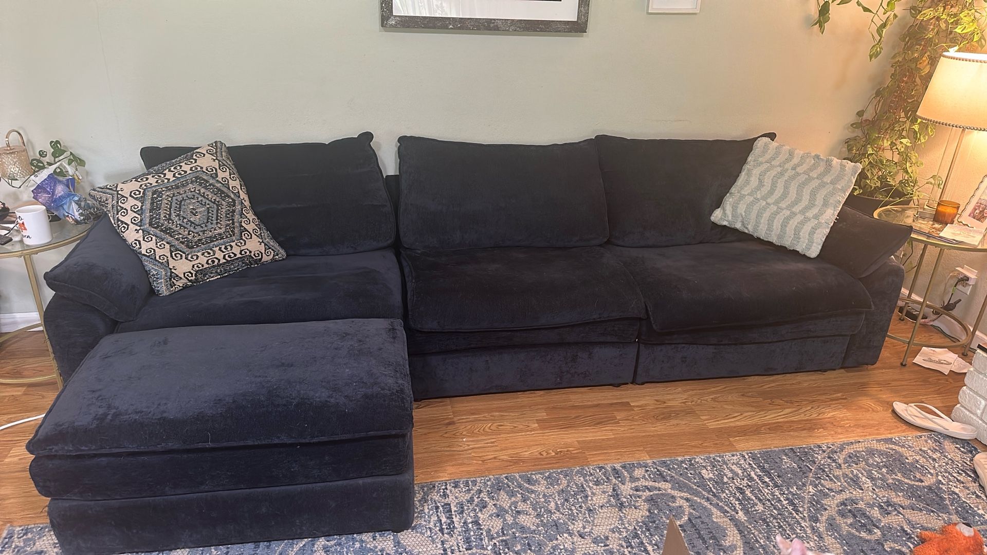 Blue velvet Couch And Ottoman 