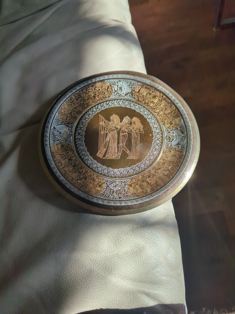 Antique Islamic Egyptian Scene Cairoware Copper Silver Plate/Wallhanging 9 3/4"