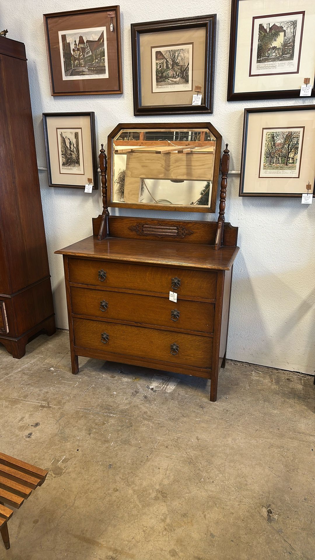 Antique Three Drawer Dresser With Mirror