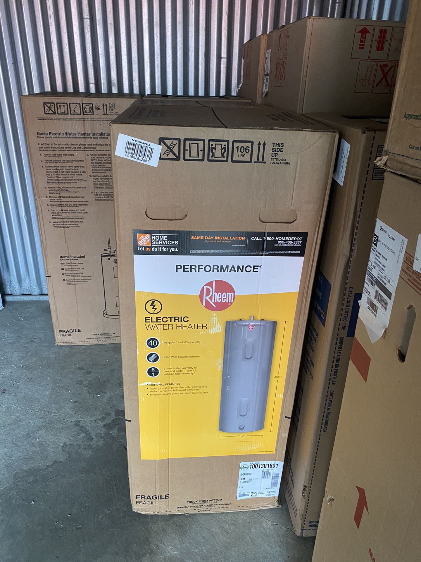 Brand new rheem electric 40 gallon Hot Water Heater Tank. Brand new in box. Comes with 6 year warranty. Can be installed or delivered for Extra