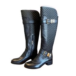 Women Leather  Riding Boots Vince Camuto Faris Black Quilted 