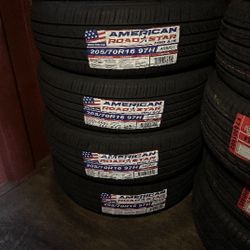 SET OF FOUR NEW TIRES 205/70/16 AMERICAN ROADSTAR INCLUDING MOUNT AND BALANCE, ASK ME FOR SIZES AND BRANDS 