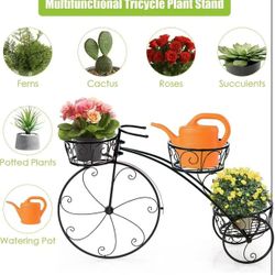 XJJ280-G2 Bicycle Planter, Flower Pot Stand with 3 Decorative Wheels, 3 Collection Baskets, Metal Steel Frame, Tricycle Plant Stand for Outdoor, Indoo