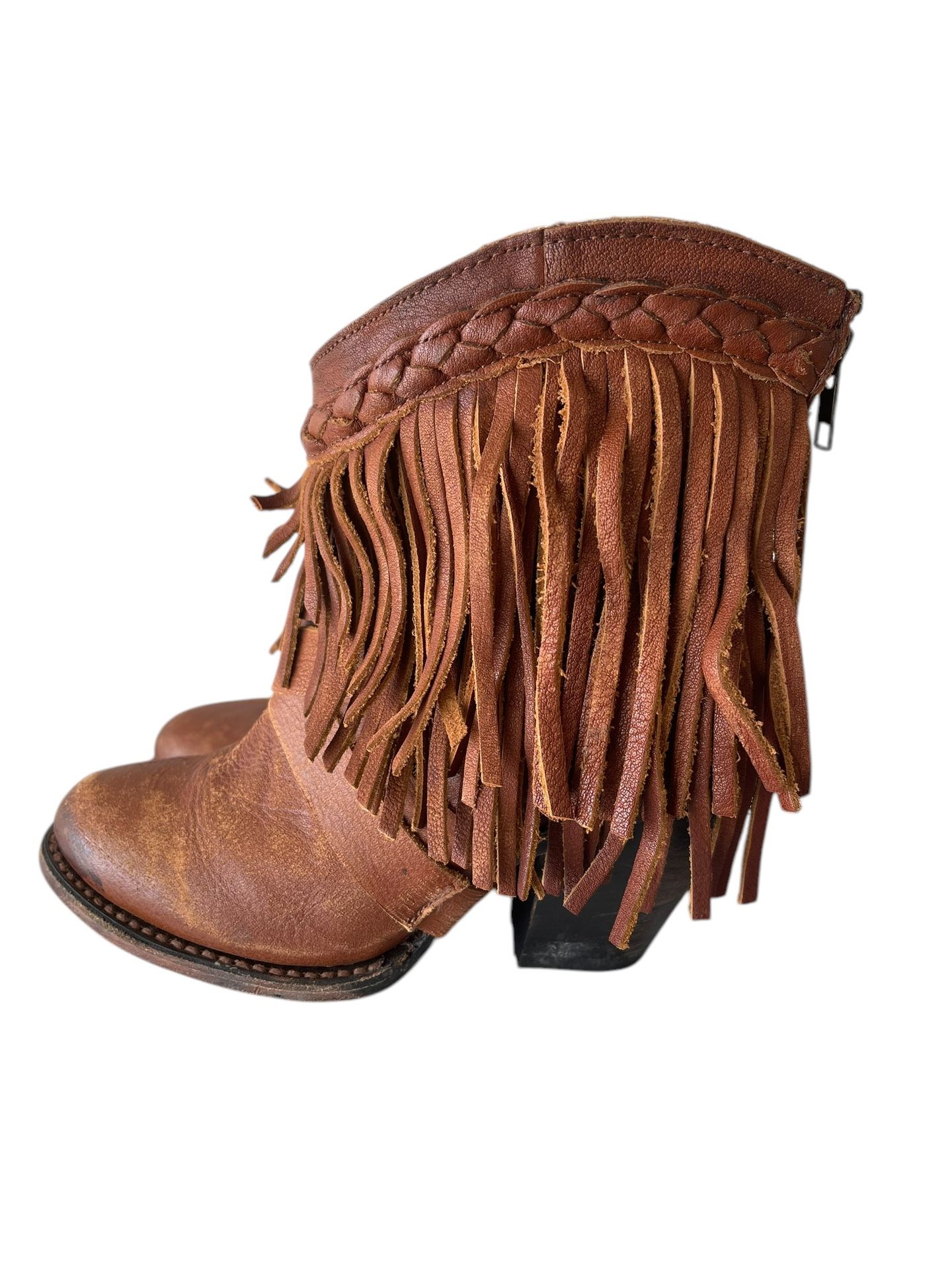 Freebird Womens TONTO Fringed Distressed Brown Leather Ankle Zip Boots Sz 6
