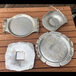 4 Vintage Pewter & Aluminum Serving Plates And Platters