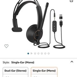 NUROUM Wired Headset, Single-Ear (Mono) Headphones with Noise Canceling Microphone, On Ear Computer Headset with in-line Control, USB/Type-C, PC Heads