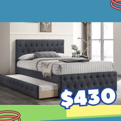 New In Box FULL BED W/TRUNDLE-LIGHT GREY BURLAP And 2 Mattresses.