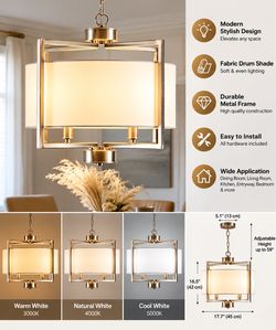 Modern Brass Pendant Chandelier with Fabric Drum Shade