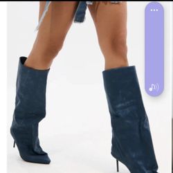 AZALEA WANG Blue Faux Suede Knee High Boot Pointed Toe Stiletto 