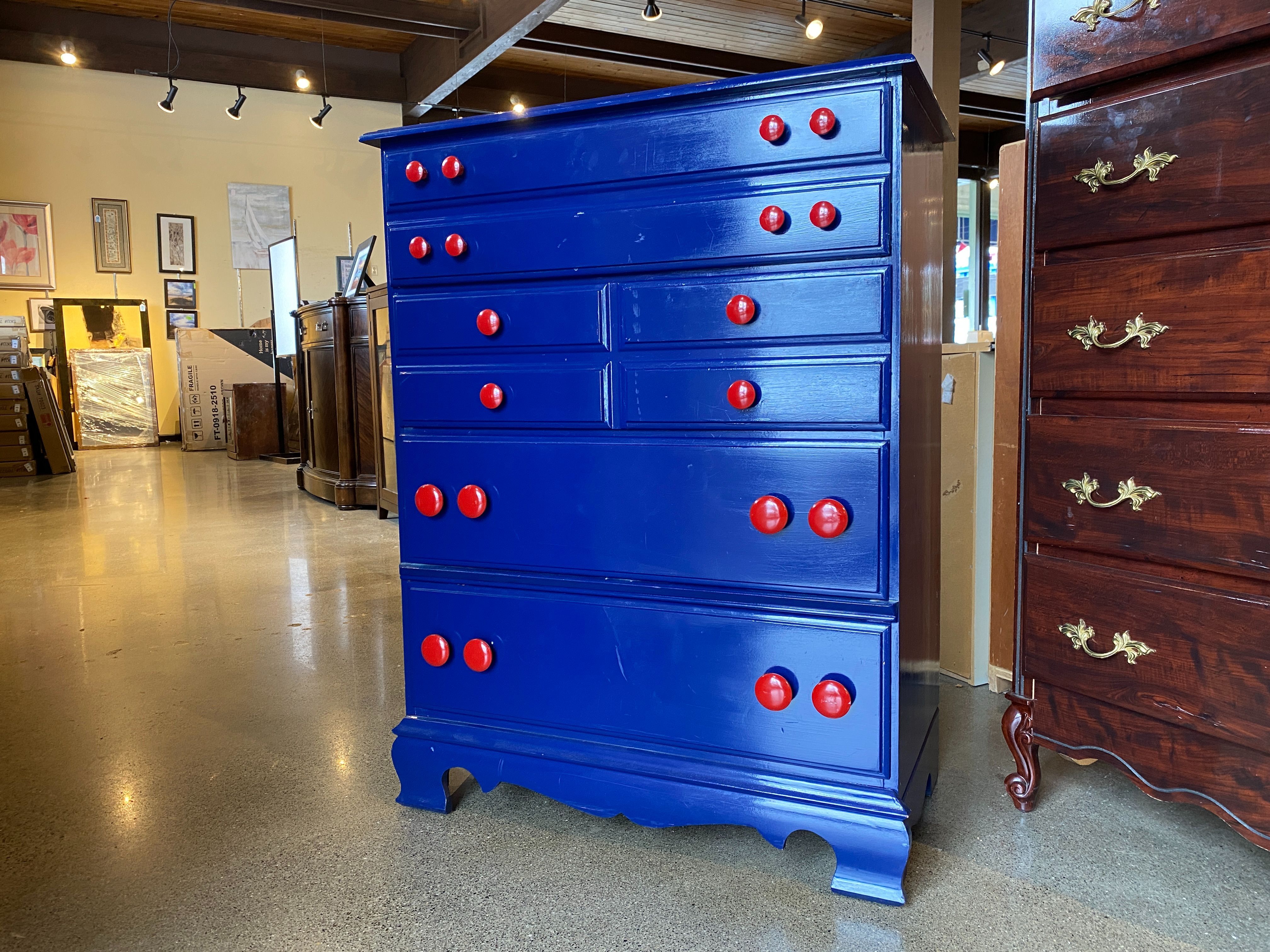 Cobalt Blue Four Drawer TallBoy with Red Knobs