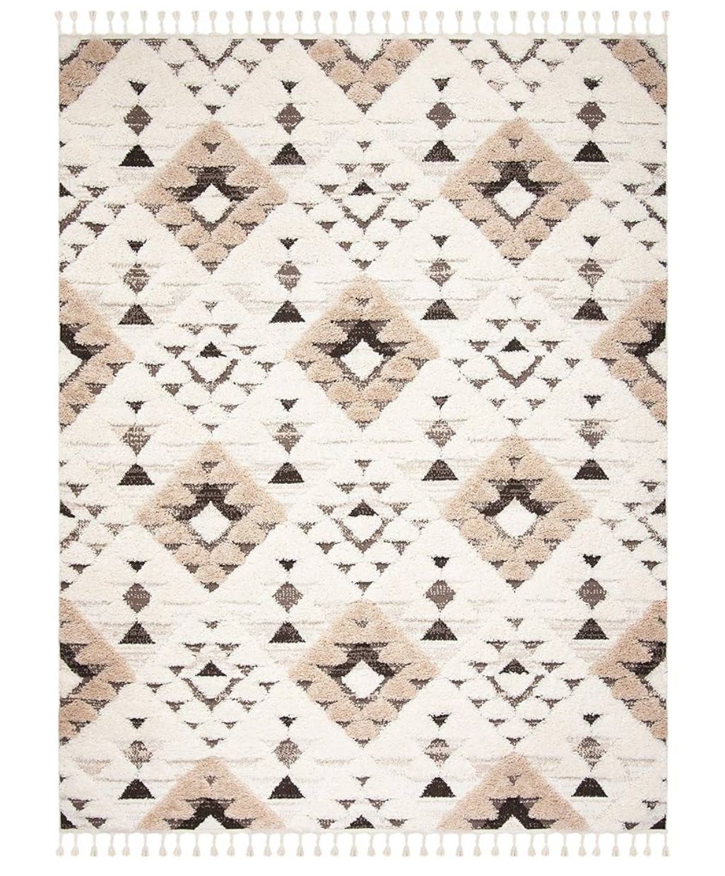 Huge 9' x 12' Moroccan Boho Tassel Shag Area Rug, Extra Thick 2", Ivory & Brown, Boho Modern Design, Soft, Non-Shedding, Easy to Clean