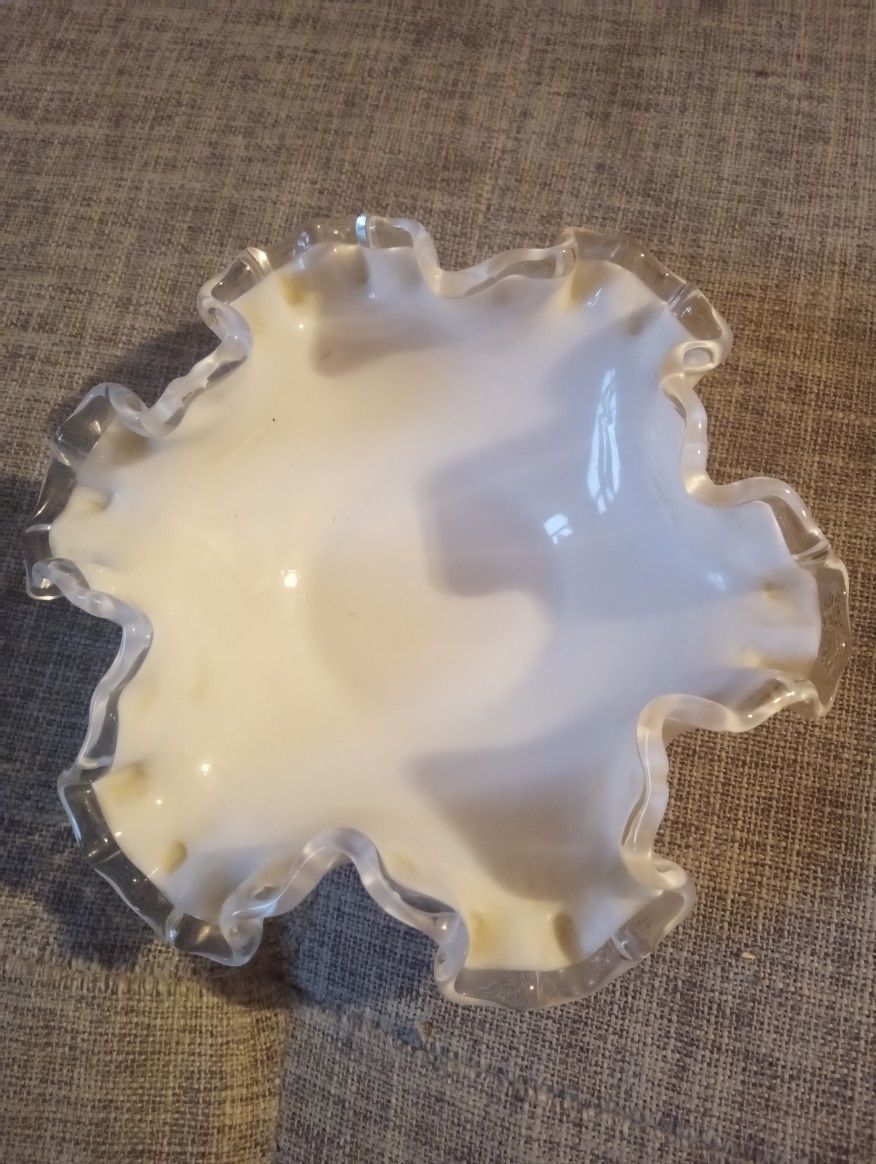 Vintage Fenton Silver Crest Ruffled Edge Milk Glass Bowl