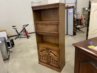 Vintage Oak Bookcase with Fold Open Cabinet and Shelving