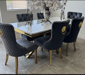 Marble Dining Table With 6 Velvet Gray Chairs