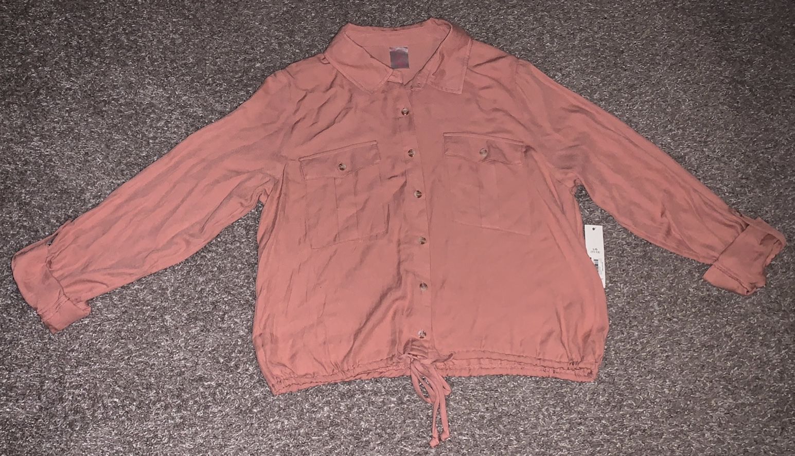 No Boundaries Utility Junior's LG (11-13) Salmon Button Up Bottom Tie Blouse