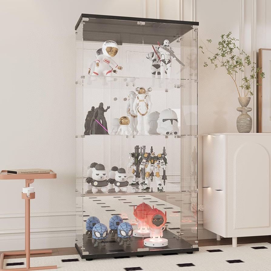 Glass Display Cabinet with Mirror Back Panel, 4 Shelves with 2 Doors, Curio Cabinets for Living Room, Bedroom, Office, Black Floor Standin