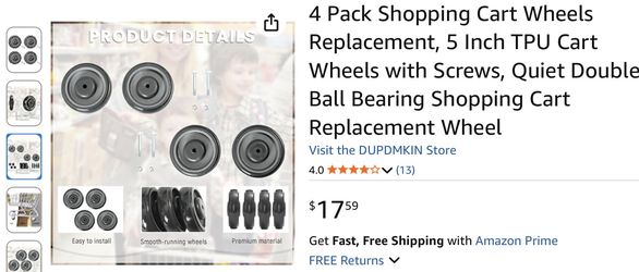 DUPDMKIN 4 Pack Shopping Cart Wheels Replacement, 5 Inch