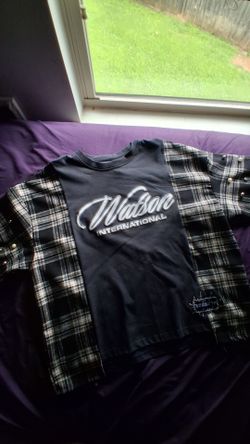 Watson International black and grey plaid shirt with pearl buttons
