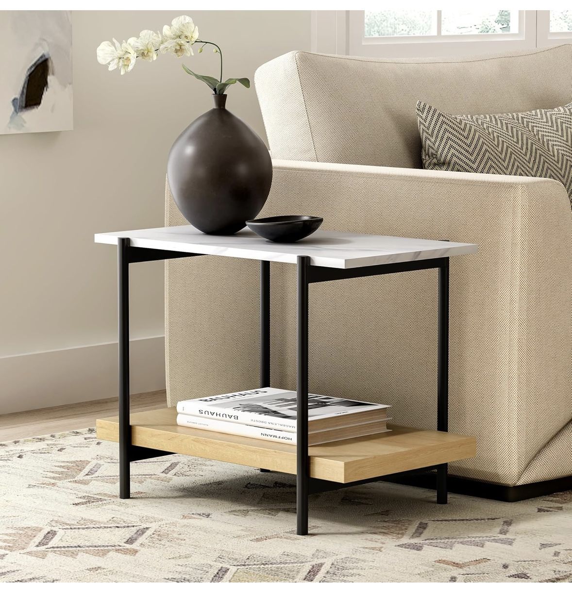 2 Tier End Table with Metal Frame, Rectangular Side Table Faux Marble Top Bedside Nightstand with 2 Wood Open Storage Shelves for Bedroom Living Room