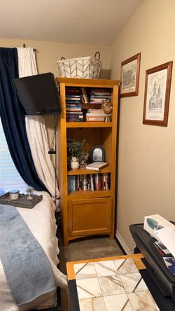 Tall Wood Bookcase with Cabinet Door