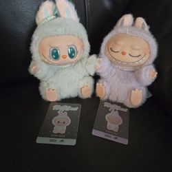 Lot of 2 labubu have a seat Ququ and Zizi green purple plush toy keychain 