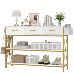 White 3 Drawers Console Table with Metal Frame, 47'' Long Entryway Table Sofa Table with & Storage Shelves for Living Room