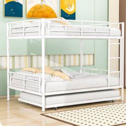 White Metal Bunk Bed with Trundle