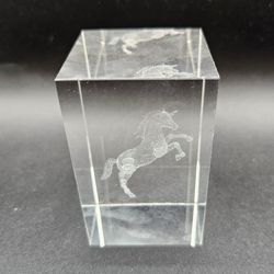 Vintage Unicorn GLASS PAPERWEIGHT Laser Etched Crystal Cube Whimsical Figurine Decor