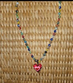 Glass heart charm beaded necklace