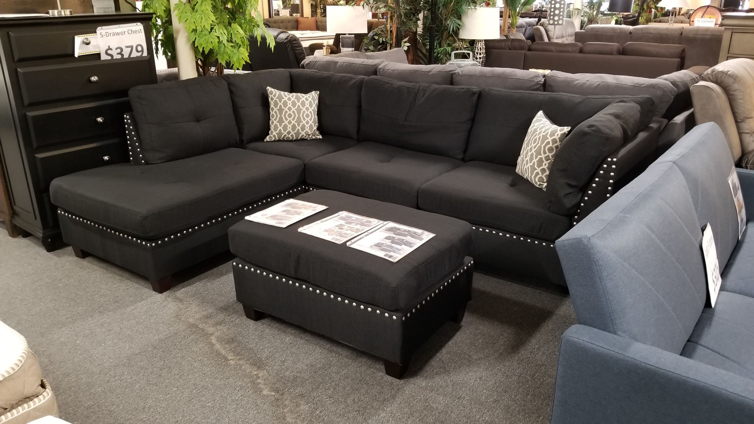 Brand new 104" x 75" black or gray linen reversible sectional + ottoman